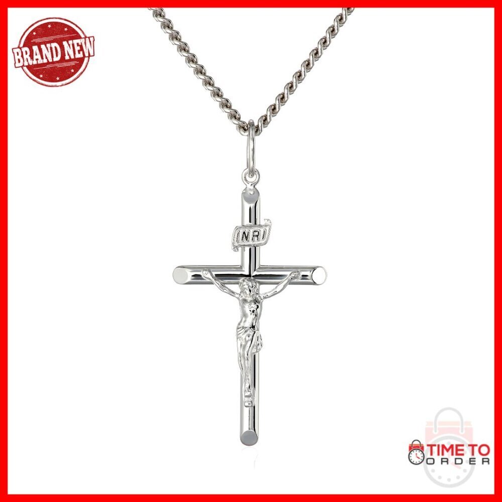 Men's Sterling Silver Crucifix Cross Pendant Necklace 24 Inch Chain